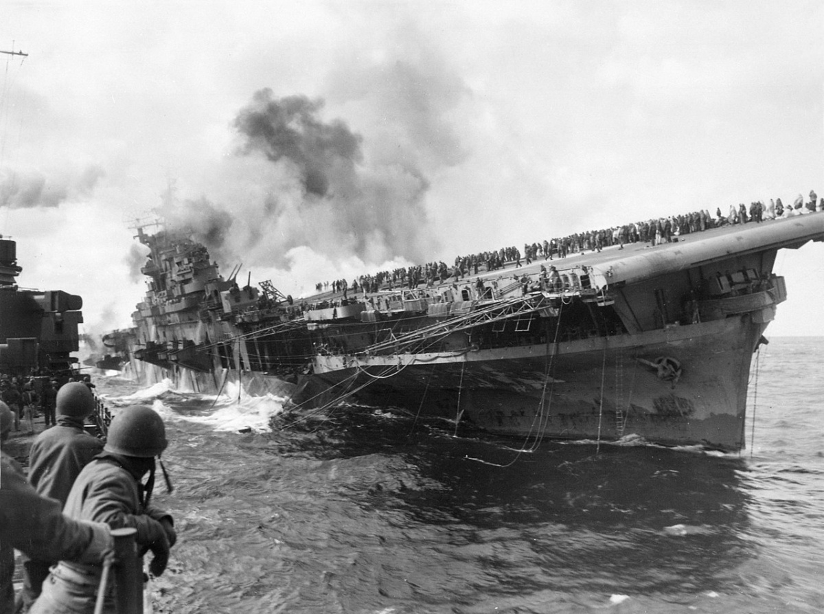 Photographed by PHC Albert Bullock from the cruiser USS Santa Fe (CL-60), which was alongside assisting with firefighting and rescue work. Wikimedia Commons