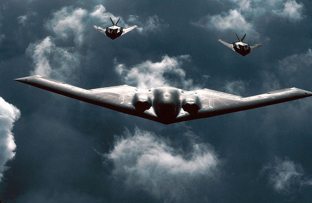 A B-2 Spirit bomber is followed by two F-117 Nighthawks during a mission. Wikimedia Commons/U.S. Air Force