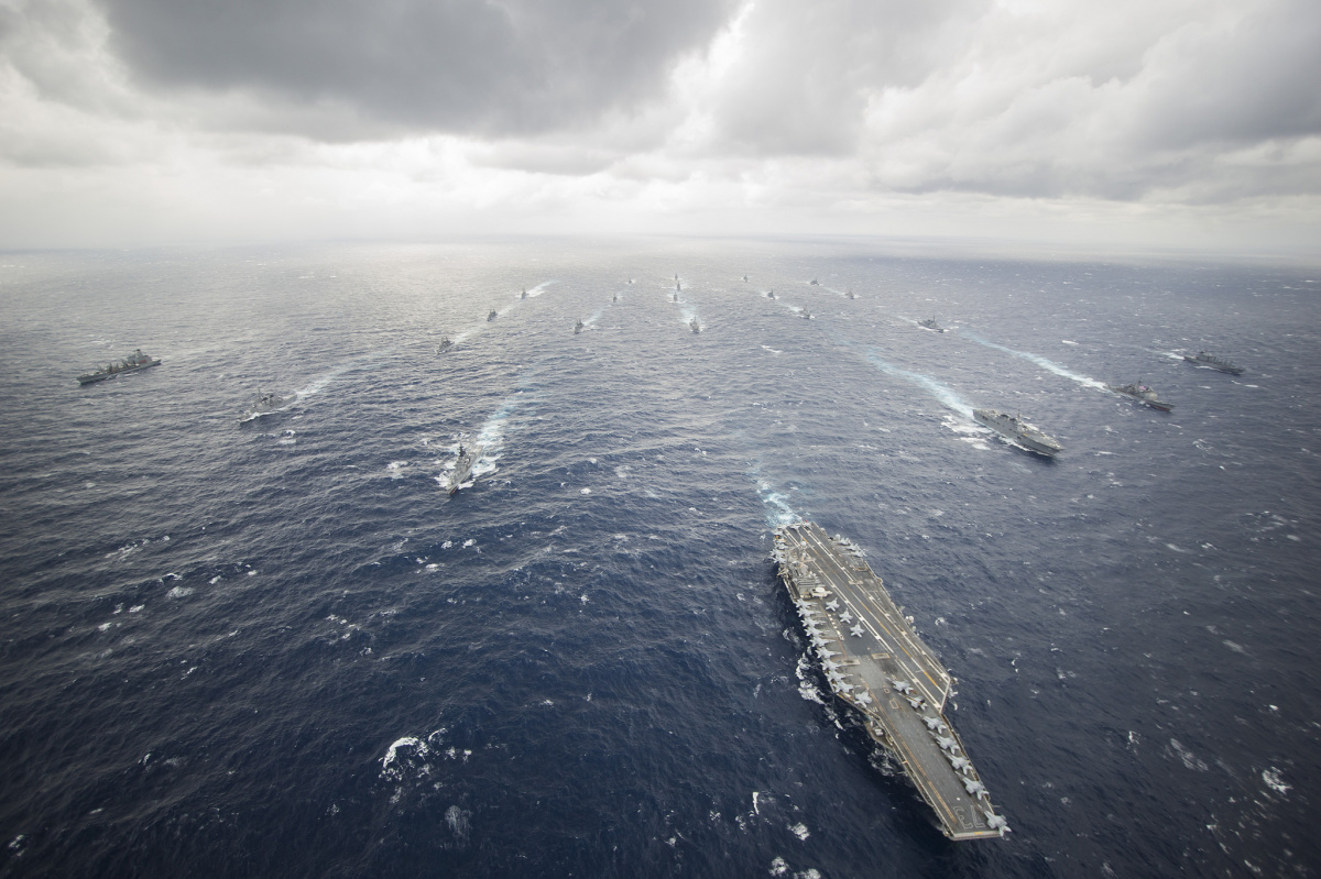 USS George Washington leads the George Washington Carrier Strike Group and Japan Maritime Self-Defense Force ships. Flickr/U.S. Navy