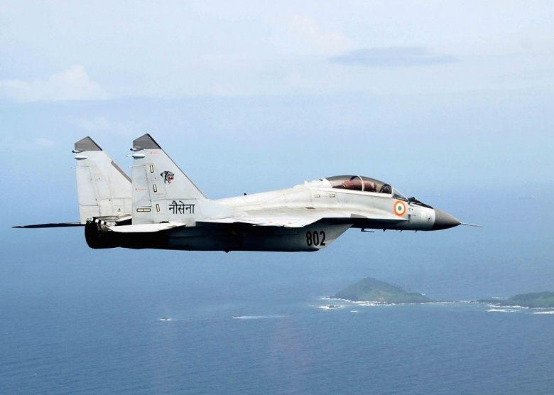 Mikoyan MiG-29K of the Indian Navy in flight over Indian islands. Wikimedia Commons/Indian Navy