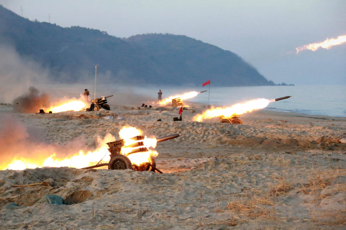 A view of a firing contest among multiple launch rocket system (MLRS) batteries selected from large combined units of the KPA, in this undated photo released by North Korea's Korean Central News Agency (KCNA) in Pyongyang on December 21, 2016. KCNA/via Reuters