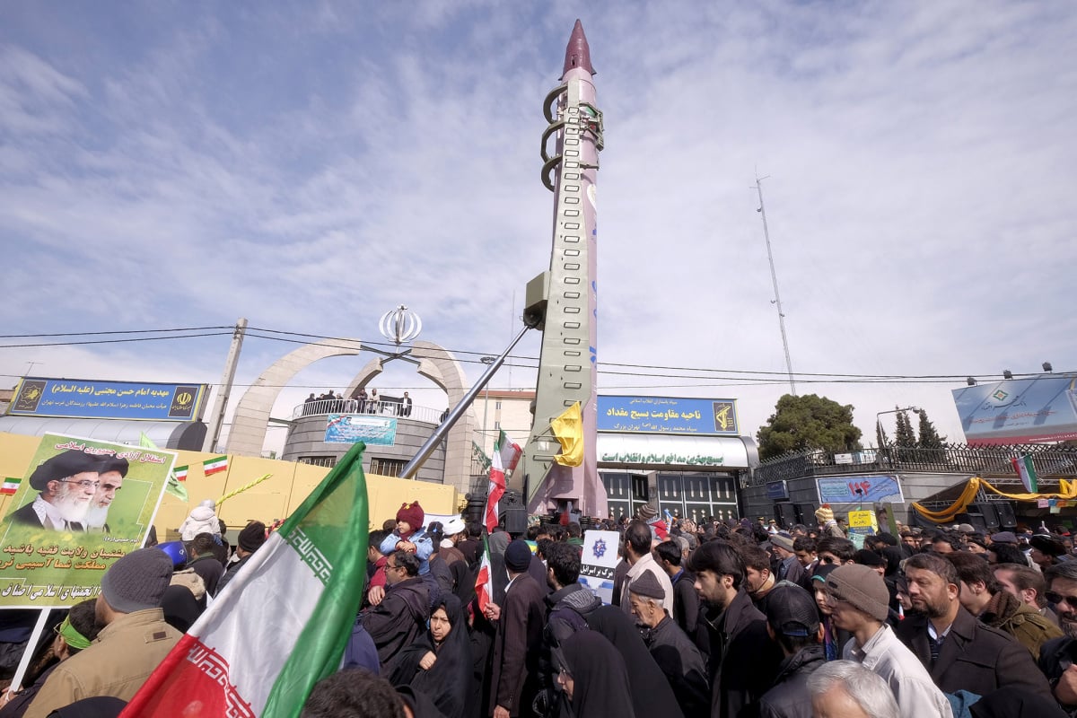 Iranian-made Emad missile is displayed during a ceremony marking the 37th anniversary of the Islamic Revolution, in Tehran.