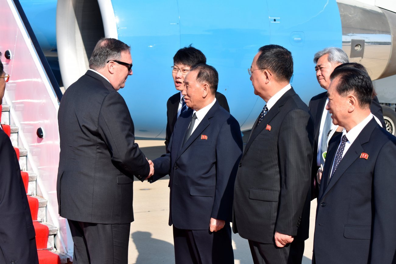 U.S. Secretary of State Mike Pompeo is greeted by senior North Korean official Kim Yong Chol, director of the United Front Department, which is responsible for North-South Korea affairs and Foreign Minister Ri Su Yong, on his arrival in Pyongyang, North Korea May 9, 2018. Pompeo met with North Korean leader Kim Jong Il later and secured the release of three American prisoners ahead of a planned summit between Kim and President Donald Trump. Matthew Lee/Pool via REUTERS