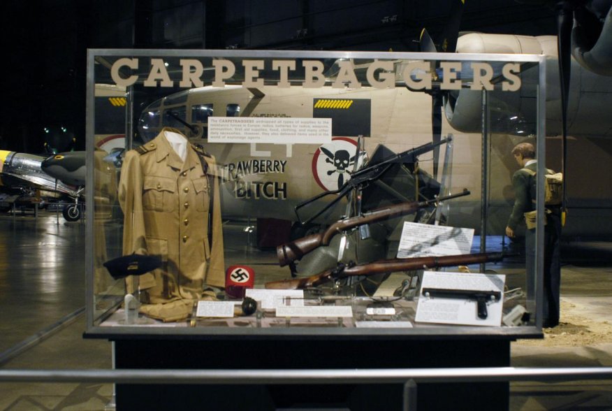 Operation CARPETBAGGER exhibit in the World War II Gallery at the National Museum of the U.S. Air Force. The CARPETBAGGERS dropped all types of supplies to the resistance forces in Europe: radios, batteries for radios, weapons, ammunition, first aid suppl