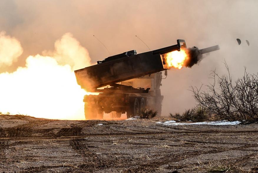 A High Mobility Artillery Rocket System (HIMARS) launcher with Battery B, 1st Battalion, 121st Field Artillery, takes part in a training fire mission in Texas in 2013 before its Afghanistan deployment.