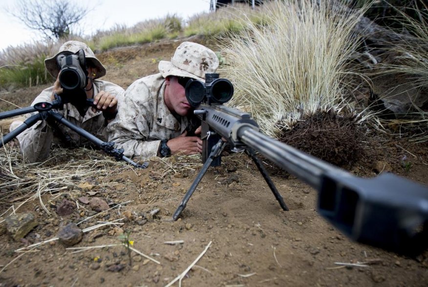U.S. Marines attached to Scout Sniper Platoon, Weapons Company, 1st Battalion, 3rd Marine Regiment, "The Lava Dogs" pose as a Sniper Spotter team with the M107 .50-caliber Sniper Rifle at Lava Viper aboard Pohakuloa Training Area, Hawaii, June 3, 2015.(U.
