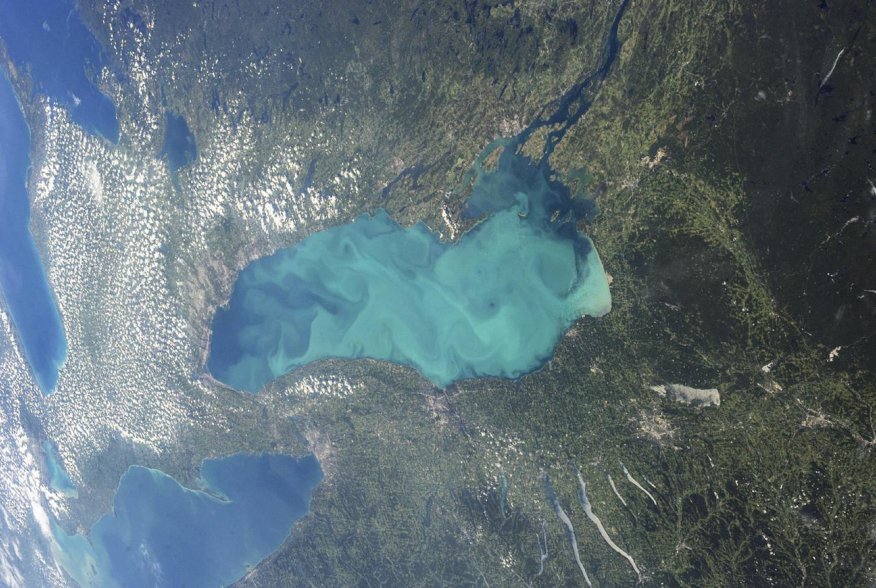 Late summer plankton blooms across much of Lake Ontario, one of North America's Great Lakes, in this photograph taken by an astronaut on the International Space Station courtesy of NASA. REUTERS/NASA/Handout