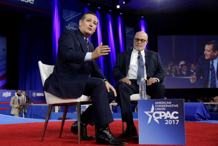 Senator Ted Cruz (R-TX) speaks with Mark Levin (R) of the Conservative Review at the Conservative Political Action Conference (CPAC) in National Harbor, Maryland, U.S. February 23, 2017. REUTERS/Joshua Roberts
