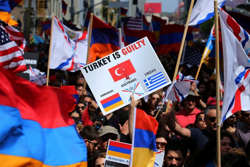 Protesters rally outside the Turkish Consulate in commemoration of the 102nd anniversary of the Armenian genocide in Los Angeles, California, U.S., April 24, 2017. REUTERS/Mike Blake