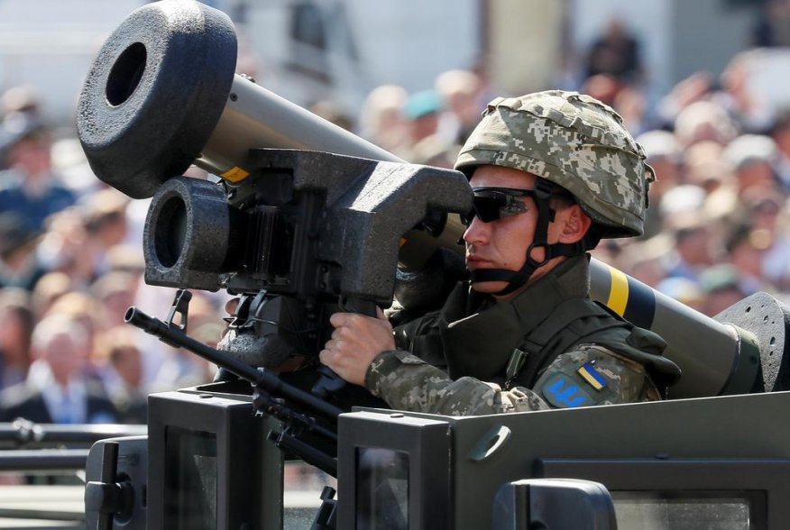 A Ukrainian army servicemember rides with a Javelin anti-tank missile during a military parade marking Ukraine's Independence Day in Kiev, Ukraine August 24, 2018. REUTERS/Gleb Garanich