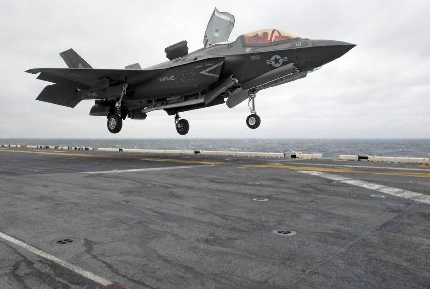 A Lockheed Martin F-35B Lightning II Joint Strike fighter jet touches down on the amphibious assault ship USS Wasp, marking the first time the aircraft has deployed aboard a U.S. Navy ship and with a Marine Expeditionary Unit in the Indo-Asian-Pacific reg