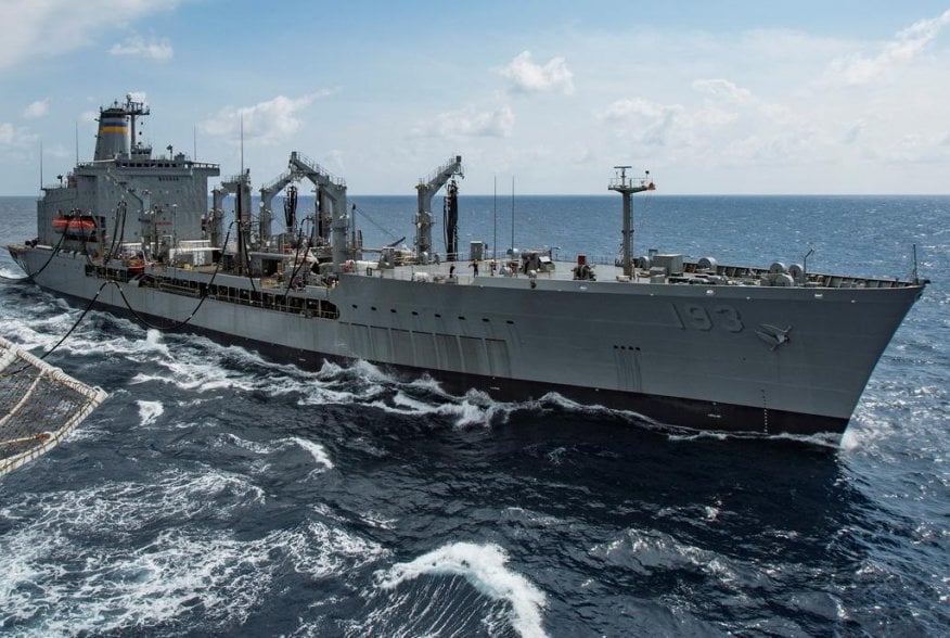 Military Sealift Command fleet replenishment oiler USNS Walter S. Diehl (T-AO 193) pulls alongside hospital ship USNS Mercy (T-AH 19) to deliver supplies and mail by a connected replenishment in the South China Sea August 15, 2016. Picture taken August 15