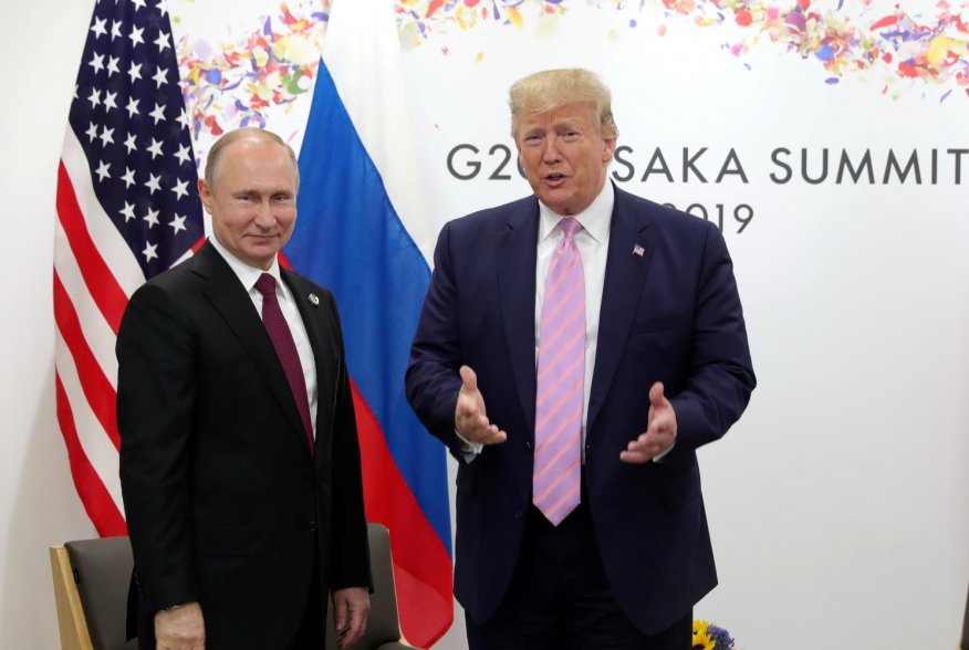 Russia's President Vladimir Putin and U.S. President Donald Trump attend a meeting on the sidelines of the G20 summit in Osaka, Japan June 28, 2019. Sputnik/Mikhail Klimentyev/Kremlin via REUTERS