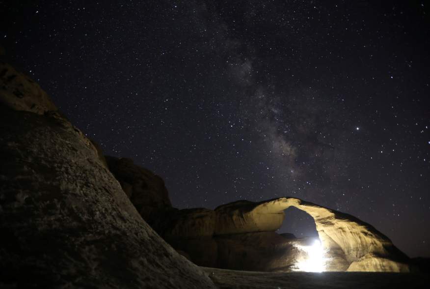 A general view of the stars and mountains at Al-Kharza area of Wadi Rum is seen in the south of Amman, Jordan, July 27, 2019. Picture taken July 27, 2019. REUTERS/Muhammad Hamed