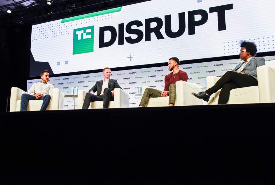 SnapTravel CEO Hussein Fazal, SC30 Inc. President Bryant Barr and Stephen Curry, Golden Gate Warriors MVP, introduce SC30 Inc. during the TechCrunch Disrupt forum in San Francisco, California, U.S. October 2, 2019. REUTERS/Kate Munsch