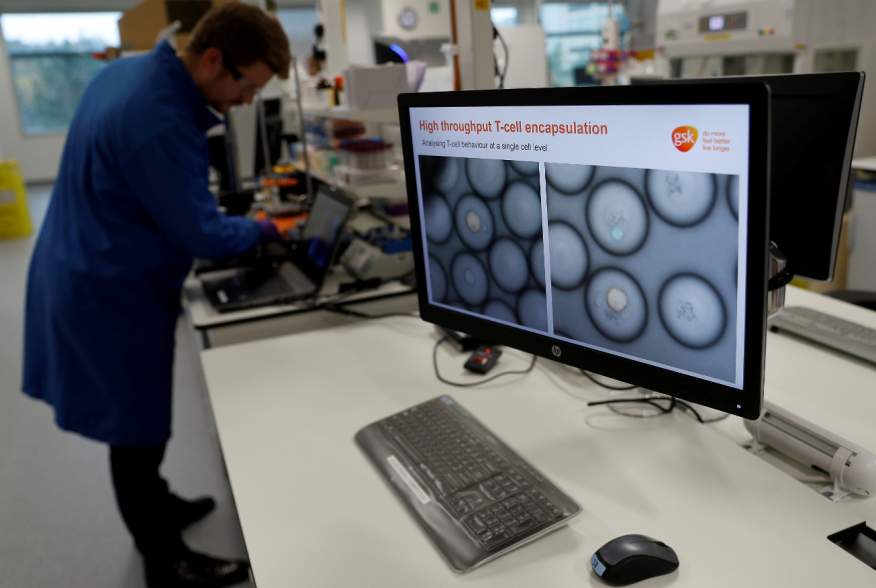 A scientist studies cancer cells inside white blood cells through a microscope at the GlaxoSmithKline (GSK) research centre in Stevenage, Britain November 26, 2019. REUTERS/Peter Nicholls