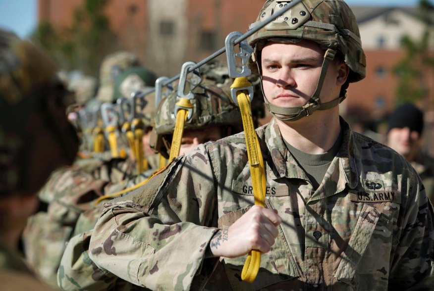 Paratroopers from the U.S. Army's 82nd Airborne Division train for aircraft jumps at their base in Fort Bragg, North Carolina, U.S. January 21, 2020. Picture taken January 21, 2020. REUTERS/Jonathan Drake