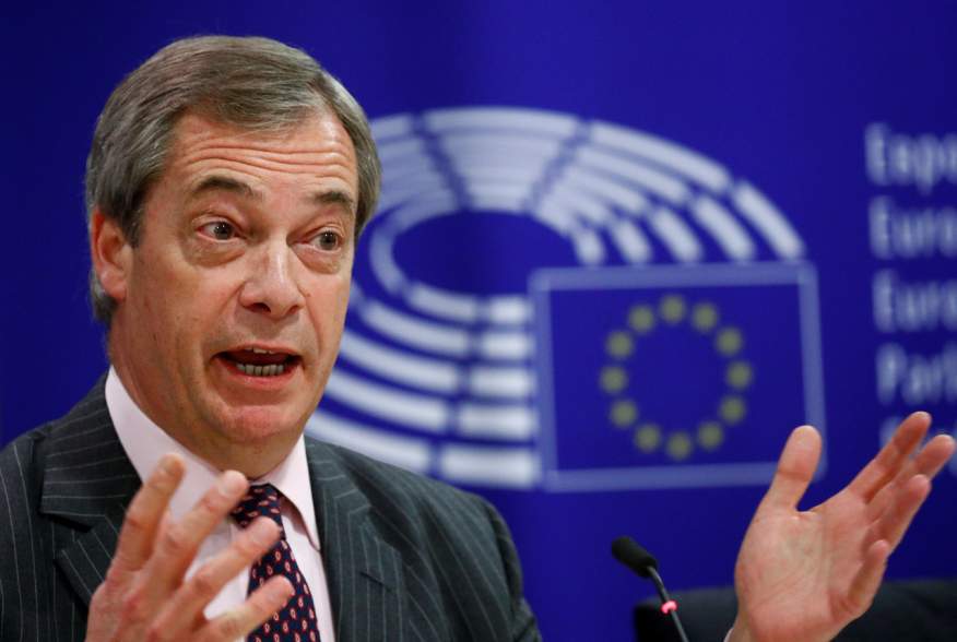 Brexit Party leader Nigel Farage gestures as he holds a news conference ahead of a vote in the European Parliament on the Withdrawal Agreement in Brussels, Belgium January 29, 2020. REUTERS/Francois Lenoir