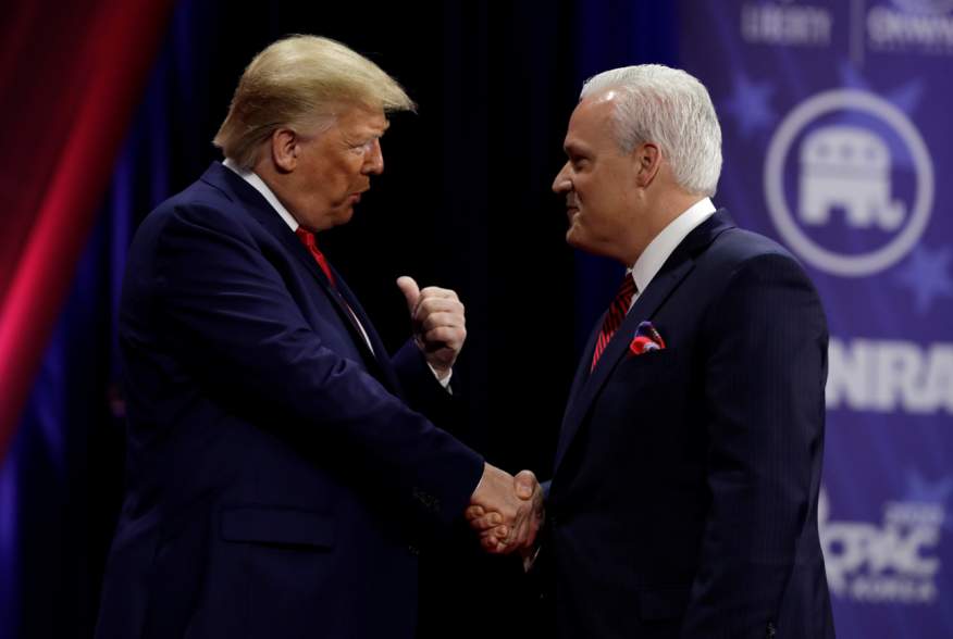 U.S. President Donald Trump (L) shakes hands with Matt Schlapp, chairman of the American Conservative Union, at the Conservative Political Action Conference (CPAC) annual meeting at National Harbor in Oxon Hill, Maryland, U.S., February 29, 2020. REUTERS/