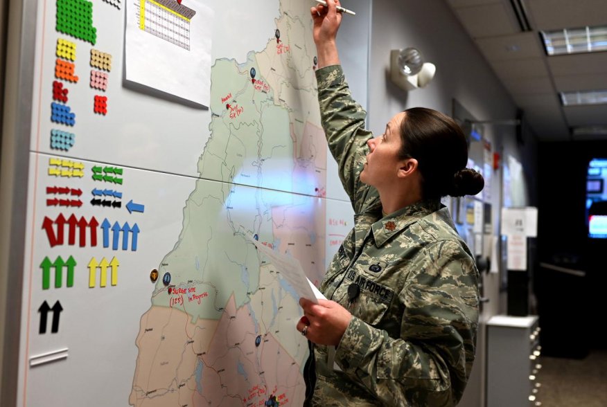 New Hampshire National Guard chief of operations Major Moira Cuthbert tracks coronavirus disease (COVID-19) missions at the Joint Operations Center in Concord, New Hampshire, U.S. April 2, 2020. Picture taken April 2, 2020. U.S. Air National Guard/Staff S