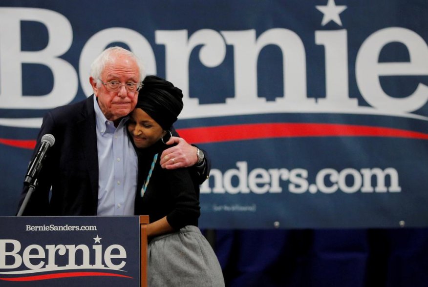 Democratic 2020 U.S. presidential candidate and U.S. Senator Bernie Sanders (I-VT) is joined by U.S. Representative Ilhan Omar (D-MN) at a campaign event in Manchester, New Hampshire, U.S., December 13, 2019. REUTERS/Brian Snyder