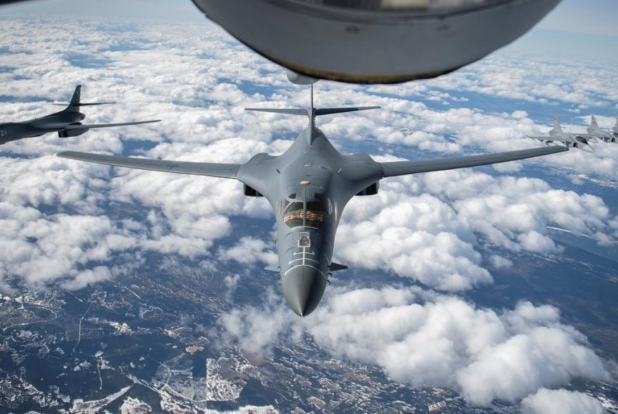U.S. Air Force B-1B Lancer bomber aircraft from Ellsworth Air Force Base, South Dakota, fly in formation with Swedish Armed Forces Gripen fighter aircraft during a mission over Sweden, May 20, 2020. Picture taken May 20, 2020. U.S. Air Force/Tech. Sgt. Em