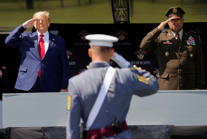 U.S. President Donald Trump salutes alongside U.S. Army Lieutenant General Darryl Williams, the Superintendent of the U.S. Military Academy at West Point, as he prepares to deliver the commencement address at the 2020 United States Military Academy Gradua