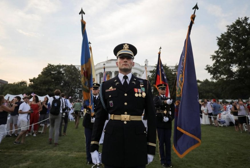 A U.S. military color guard stands on the White House South Lawn after U.S. President Donald Trump hosted a 4th of July "Salute to America" to celebrate the U.S. Independence Day holiday at the White House in Washington, U.S., July 4, 2020. REUTERS/Carlos