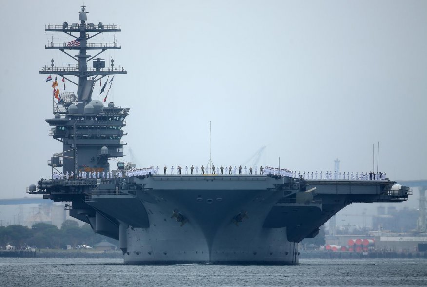 Sailors man the rails as aircraft carrier USS Nimitz with Carrier Strike Group 11, and some 7,500 sailors and airmen depart for a 6 month deployment in the Western Pacific from San Diego, California, U.S., June 5, 2017. REUTERS/Mike Blake