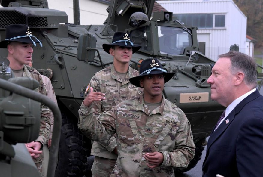 U.S. Secretary of State Mike Pompeo speaks with U.S. soldiers based in Grafenwoehr, Germany November 7, 2019. Jens Meyer/Pool via REUTERS