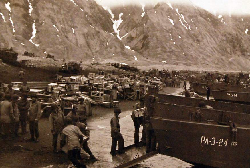 Aleutian Islands Campaign, June 1942 - August 1943. Unloading supplies on invasion beachhead, Attu, on the day of the attack, May 14, 1943. U.S. Navy 