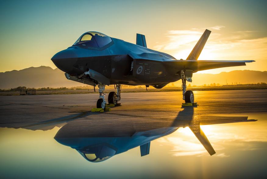 The sun sets behind an Australian F-35A Lighting II aircraft at Luke Air Force Base, Ariz., June 27, 2018. The first Australian F-35 arrived at Luke in December, 2014. Currently six Australian F-35's are assigned to the 61st Fighter Squadron where their p