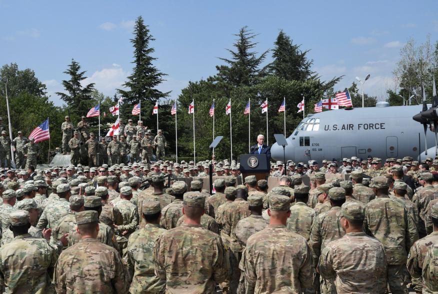 U.S. Vice President Mike Pence delivers a speech during a meeting with U.S. troops taking part in NATO led joint military exercises Noble Partner 2017 at the Vaziani military base near Tbilisi, Georgia August 1, 2017. REUTERS/Irakli Gedenidze