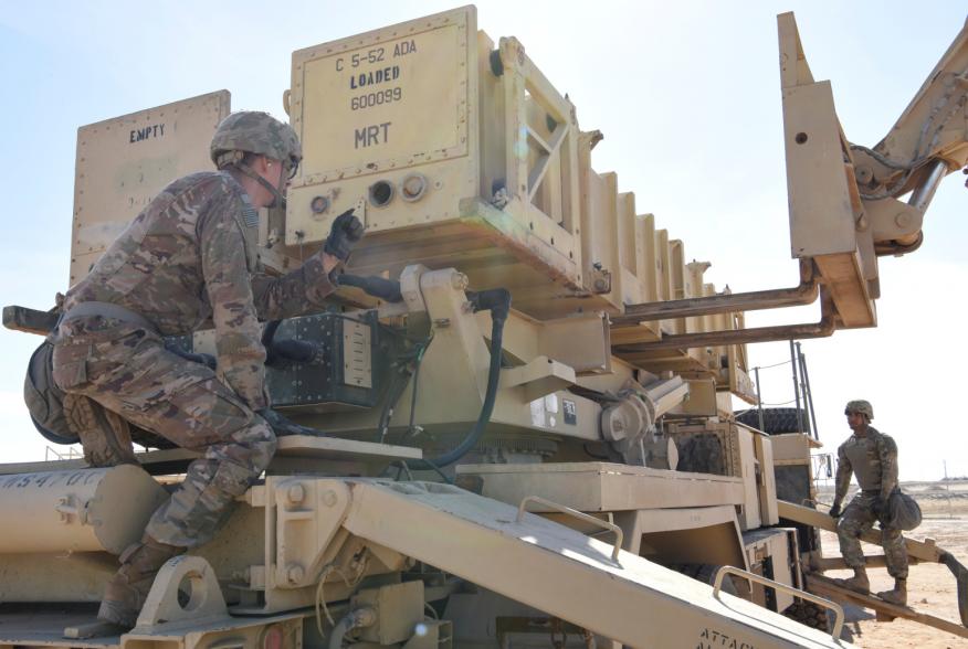 Specialist Tevin Howe and Specialist Eduardo Martinez take part in training on a U.S. Army Patriot surface-to-air missile launcher at Al Dhafra Air Base, United Arab Emirates, January 12, 2019. Picture taken January 12, 2019.