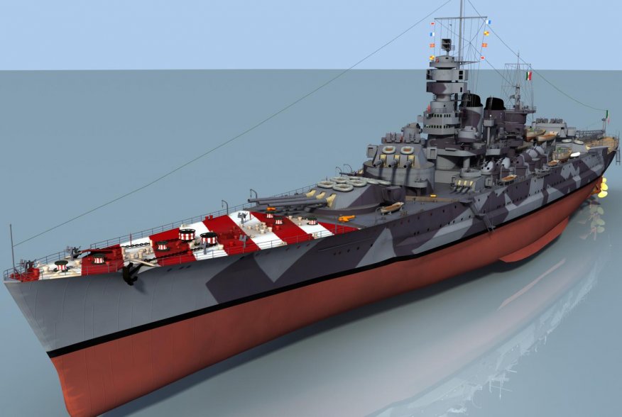 3D rendering of the different views of the Regia Marina Roma battleship. Wikimedia/cbhierro.