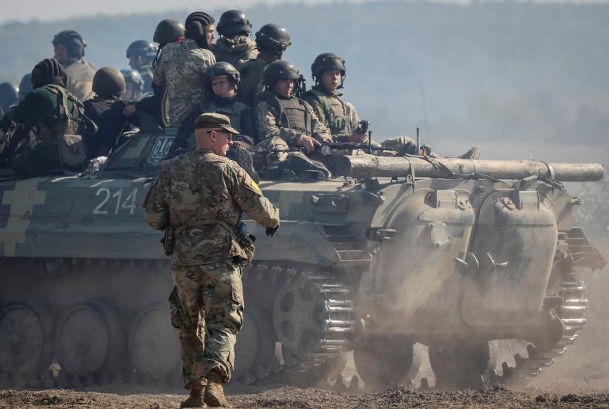 A military instructor of the U.S. Army is seen during multinational drills "Rapid Trident 2019" at the International Peacekeeping and Security Center near Lviv, Ukraine.