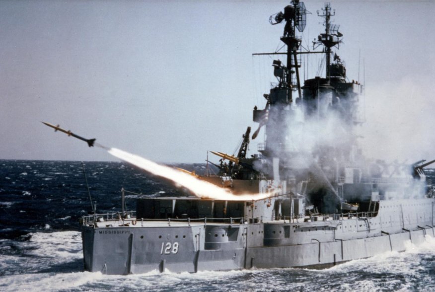 The U.S. Navy auxiliary USS Mississippi (EAG-128) fires an SAM-N-7 Terrier surface-to-air missile during at-sea tests, circa 1953-55. U.S. Navy.