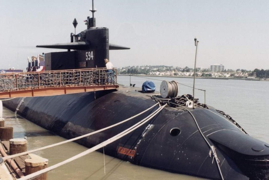 The Thresher/Permit-class submarine USS Permit (SSN-594) is shown at Mare Island Naval Shipyard on the date of her decommission on 22 Jul 91. U.S. Navy.