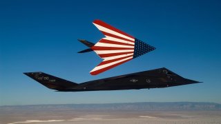 Two specially painted F-117 Nighthawks fly on one of their last missions. The F-117s were retired in a farewell ceremony at Wright-Patterson Air Force Base, Ohio, April 22, 2008. (U.S. Air Force photo by Senior Master Sgt. Kim Frey)