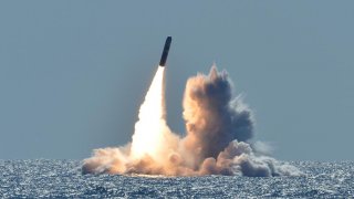 An unarmed Trident II D5 missile launches from the Ohio-class ballistic missile submarine USS Nebraska (SSBN 739) off the coast of California. March 26, 2008. (U.S. Navy photo by Mass Communication Specialist 1st Class Ronald Gutridge/Released)