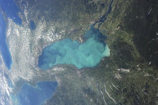 Late summer plankton blooms across much of Lake Ontario, one of North America's Great Lakes, in this photograph taken by an astronaut on the International Space Station courtesy of NASA. REUTERS/NASA/Handout