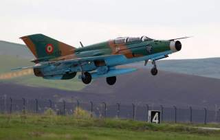 A MIG-21 Lancer belonging to Romania's Air Force takes off during bilateral one-week training exercises, 