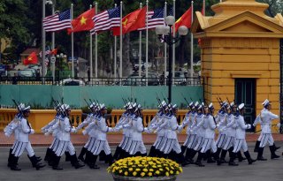Vietnamese Navy honour guard march to take position prior to the arrival of U.S. President Barack Obama for a welcoming ceremony at the Presidential Palace in Hanoi, Vietnam May 23, 2016. REUTERS/Hoang Dinh Nam/Pool