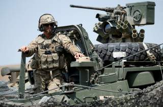 A US serviceman stands on M1126 Stryker Infantry Carrier Vehicle (ICV) during a closing ceremony of NATO-led joint military exercises Noble Partner 2017 at Vaziani Training Area outside Tbilisi, Georgia, August 12, 2017. REUTERS/David Mdzinarishvili