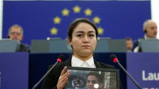 Jewher Ilham, daughter of Ilham Tohti, Uyghur economist and human rights activist, attends the award ceremony for his 2019 EU Sakharov Prize at the European Parliament in Strasbourg, France, December 18, 2019. REUTERS/Vincent Kessler