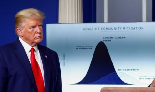 FILE PHOTO: U.S. President Donald Trump listens stands in front of a chart labeled “Goals of Community Mitigation” showing projected deaths in the United States after exposure to coronavirus as 1,500,000 - 2,200,000 without any intervention and a projecte