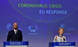 The President of European Commission Ursula von der Leyen and the President of the European Council Charles Michel hold a news conference on the European Union response to the coronavirus disease (COVID-19) crisis at the EU headquarters in Brussels, April