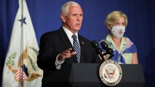 U.S. Vice President Mike Pence leads a White House coronavirus disease (COVID-19) task force briefing with Dr. Deborah Birx, the White House coronavirus response coordinator, at the U.S. Education Department in Washington, U.S., July 8, 2020. REUTERS/Carl