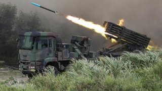 Multiple Launch Rocket System (MLRS) Thunderbolt-2000 fires rockets during the live-fire, anti-landing Han Kuang military exercise, which simulates an enemy invasion, in Taichung, Taiwan July 16, 2020. REUTERS/Ann Wang