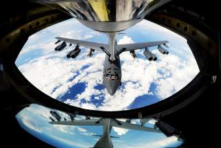 A U.S. Air Force B-52 Stratofortress aircraft assigned to Barksdale Air Force Base, La., receives fuel from a KC-135 Stratotanker out of RAF Mildenhall, England, above the Mediterranean Sea, Sept. 27, 2017.